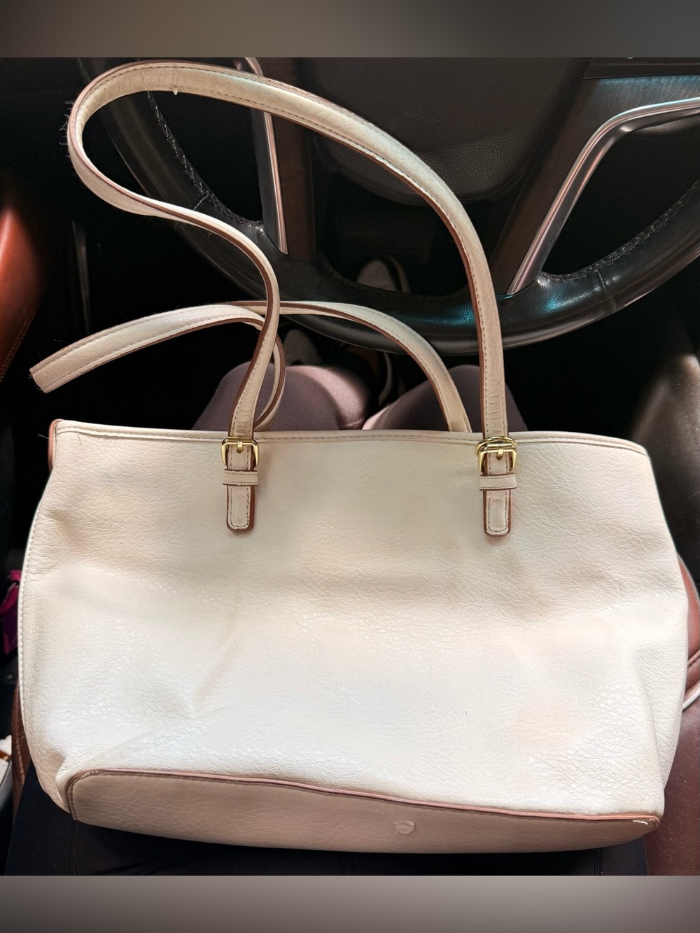 Bueno Cream Leather Tote with Gold Hardware